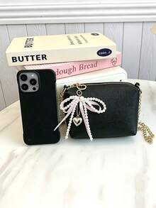 Black PU Chain Crossbody Bag With Sweet Pearl Bow Heart Charm, Versatile Small Shoulder Bag For Girls - A - View 4