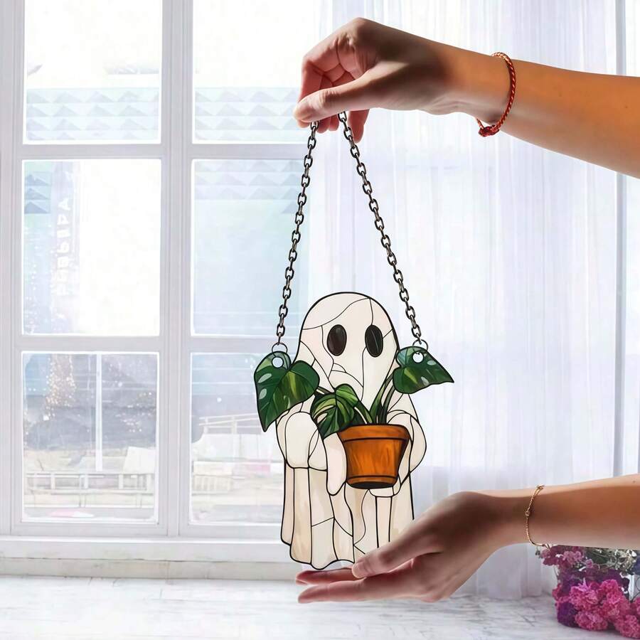 1/2pcs Ghost Sun Catcher - Colorful Acrylic Window Decor, Cute Ghost & Plant Decoration, Gothic Sun Catcher, Ghost Home Decor, Halloween Window Decor, Haunted House Aesthetic, Suitable For Home, Bedroom, Living Room, Wall Decoration (Remove Protective Film Before Use, Made Of Acrylic, Not Glass) Room Decor Bedroom Decor Halloween Decor Autumn Decor