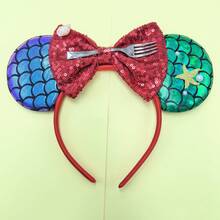 Disney Mermaid Theme Fish Scale Shiny Headband, Red Glitter Bow, Fork, Shell, Starfish, Pearl Decor Amusement Park Hair Accessory - View 6