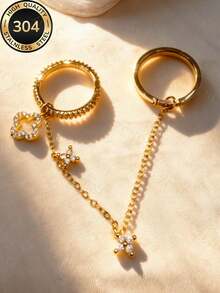 18K Gold Plated Bracelet & Ring Set, 304 Stainless Steel Rust-Proof Hypoallergenic Waterproof Premium Jewelry, Birthday Valentine's Day Gift - Gold 5 - View 8