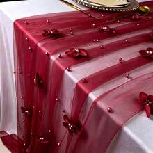 Pearl Table Runner 10ft,Table Cloth Tulle Table Cover,Pearl Table Runner For Wedding Party Baby Shower Birthday Home Decor - Wine Red Flower - View 5