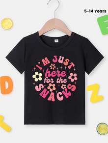 Solo Estoy Aquí Por Los Snacks Y Las Flores, Camiseta Con Estampado Gráfico, Camiseta Cómoda Y Moderna Para Niñas Para Primavera Y Verano, Ropa Para Niñas Para Actividades Al Aire Libre - Negro - Ver 1