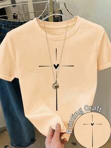 Nueva camiseta casual de manga corta y cuello redondo para mujeres, con diseño de estampado moderno, tejido suave y cómodo, y excelente caída. - Gris - Ver 1