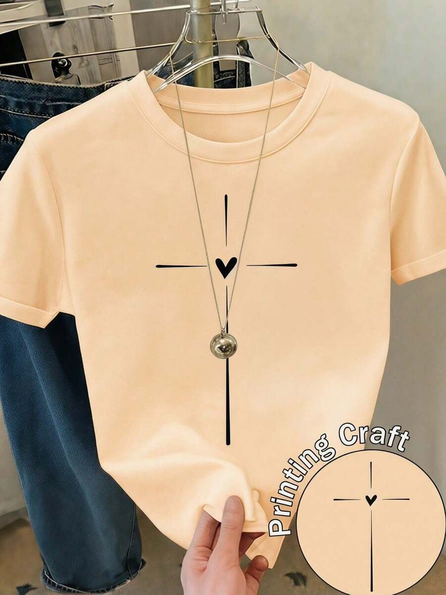 Nueva camiseta casual de manga corta y cuello redondo para mujeres, con diseño de estampado moderno, tejido suave y cómodo, y excelente caída. - Gris - Ver 1