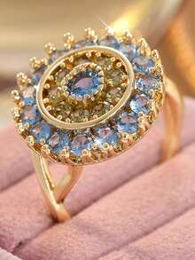 Bohemian Style Sunflower Design Double Layer Blue Synthetic Zirconia Inlaid Ring, Elegant Women's Ring, Sparkling Daily And Party Jewelry Accessory - Gold - View 10