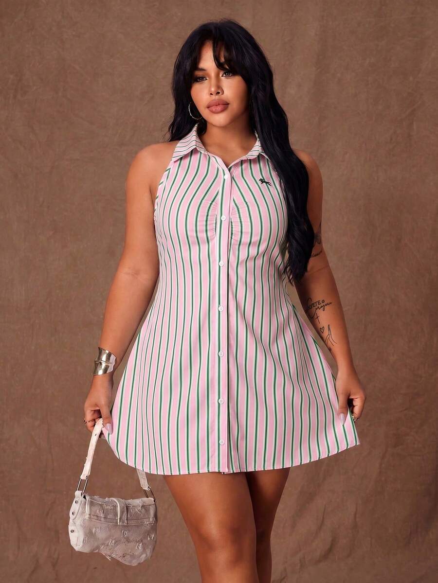 Rustia Vestido de verano de moda para mujer de talla grande con rayas bordadas, cuello bordado, bajo bordado, cintura ceñida y sin mangas - Rosa - Ver 1