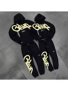 GEEDUP Printed Digital Sweater Set Fashion Street Loose Hoodie Casual Sportswear Men's And Women's Jacket Set - 黑色 - 查看 4