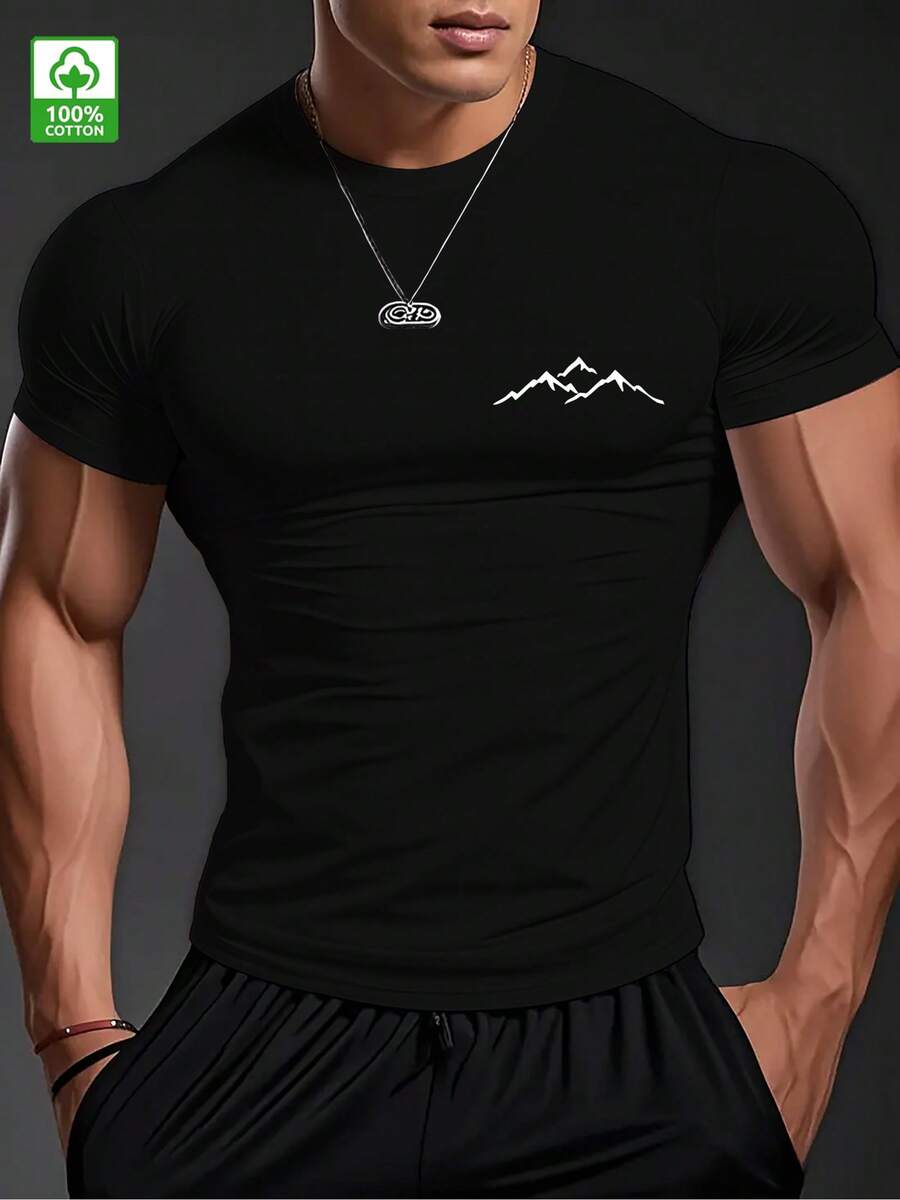 Camiseta de Algodón Puro para Hombre, Estilo Minimalista y Moderno, Estampado Creativo de Pico de Montaña, Cuello Redondo, Manga Corta, Ajuste Slim, Casual y Deportivo, Inspirado en Instagra - Negro - Ver 1