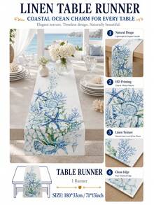 1 Stück Meeres-Thema Aquarell Tischläufer, Meereslebewesen Seestern Muschel Tischdecke Abdeckung, Nautisches Blau Esstischdecke, geeignet für Esszimmer, Küche, Couchtisch, Heimdekoration - Verschiedenfarbig - Übersicht 3