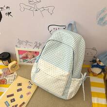 Mochila de patchwork a cuadros & lunares, mochila escolar de cordón estilo femenino para estudiantes, mochila ligera estilo academia japonesa - Multicolor - Ver 15