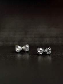 1 Pair S925 Sterling Silver Mini Bow Stud Earrings, Mori Style Artistic Sweet Cute Zirconia Inlaid Design, Ins Girl Heart Ear Jewelry, Ear Piercing Care, Suitable For Daily Commute Wear, Versatile Exquisite Best Friend Gift - Bow - View 8