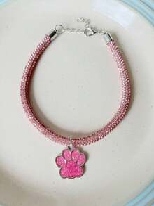 1 pieza Collar con colgante de huella de pata, uso cómodo y ajustable, colgante de aleación con gota de aceite engarzado en garra, cadena de tubo redondo con strass brillante, lujoso y casual, exquisito y versátil, adecuado para gatos y perros - Rosa - Ver 3