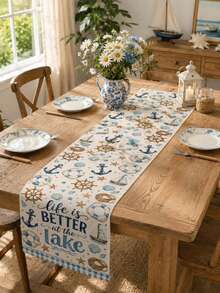 1pc Anchor Sailboat Rudder Pattern Table Runner, Ocean Style, Summer Home Kitchen Decor Table Runner, Table Runner Placemat Pillow Set, Suitable For Summer Home Kitchen Decor And Party Decoration - Multicolor - View 2