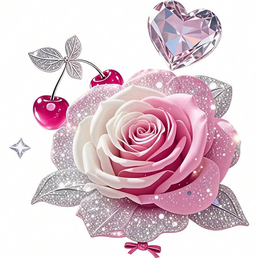 1/2/3PCS Glitter Gradient Rose Heat Transfer, Pink White Rose Cherry Diamond Heart Pattern Heat Transfer, Vinyl Print, Heat Transfer Sticker, Iron-On Transfer Iron-On Sticker Decal - Iron-On Suitable For Pillows, DIY, Backpacks, T-Shirts, Canvas Bags, Sweatshirts, Jeans, T-Shirts, Clothing, Sewing Supplies