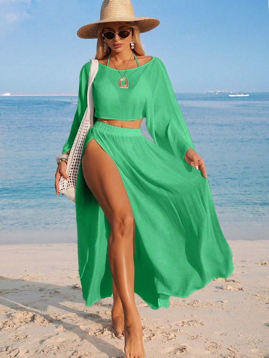Conjunto de dos piezas de cubrecuerpo casual de manga larga y abertura para la playa en color blanco para mujer - Verde - Ver 1