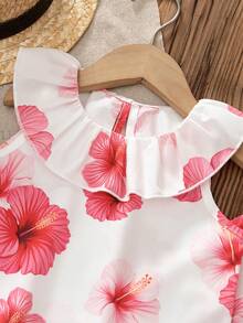 2pcs/Set Girls' Outfit With Large Floral Print, Ruffle Top And Loose Long Pants, Exquisite Ruffle Trim On Neckline And Cuffs, Straight Leg Pants With Elastic Waistband, Comfortable And Fashionable For Spring/Summer - Red and White - View 3