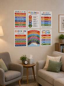 6件組多色情緒調節貼紙，現代PP長方形教育牆飾，包含情緒圖表、自我檢視、冷靜技巧、友善表情與自信金句，適用於教室、辦公室、諮詢室、冷靜角落、居家學習及返校季 - 彩色 - 查看 4
