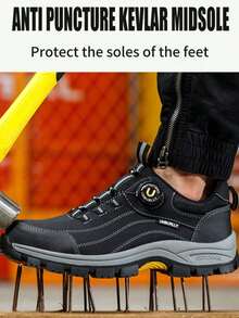 Men's Steel Toe Shoes, Button Design, Anti-Crush, Anti-Puncture, Rubber Sole, Industrial Work Shoes - 黑色 - 查看 3