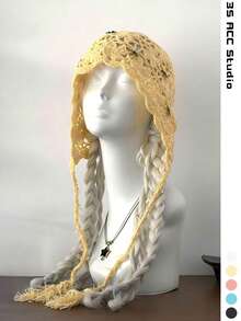 女款小眾復古素色針織便帽，春夏薄款鏤空手工鉤編帽，街頭風辣妹新款流蘇蕾絲緞帶鏤空套頭帽 - 彩色 - 查看 4