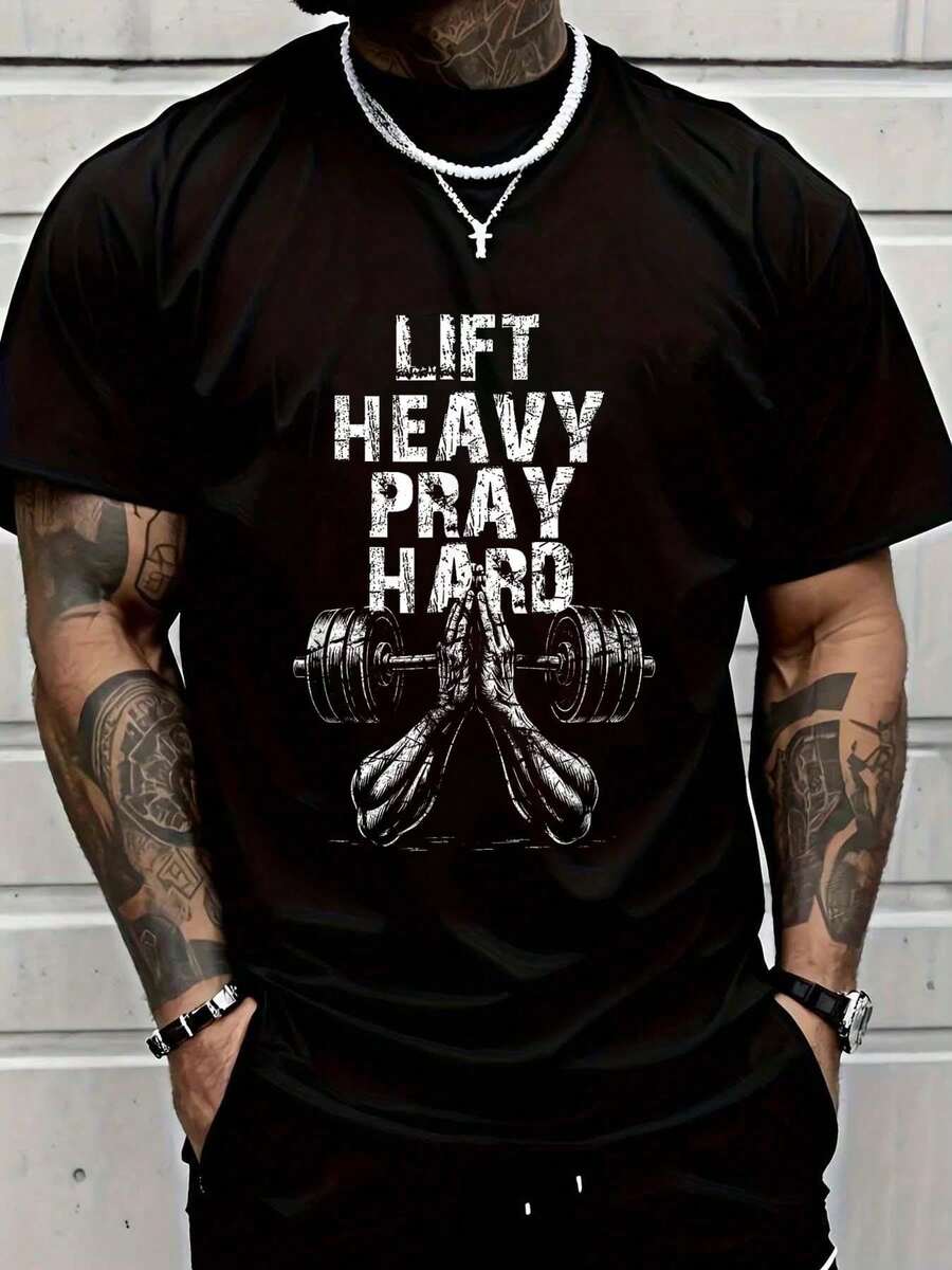 100% Cotton T-Shirt For Weightlifting, Gym, Christian Faith, For Men And Women, Fashion Print T-Shirt, Graphic T-Shirt For Men And Women - 藍色 - 查看 1