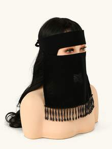 1 Buah Niqab Rumbai Warna Polos untuk Wanita, Masker Rumbai Ringan dan Bernapas, Masker Wajah Modis dan Serbaguna - Masker Wajah Rumbai Hitam - View 8