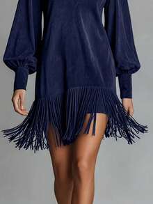 Women's Short Suede Shirt Dress With Lapel Collar, Puff Sleeves And Fringe At The Hem, Various Shades Of Navy And Brown, Western Cowboy Style For Autumn Country Outings. - 藏青色 - 查看 2