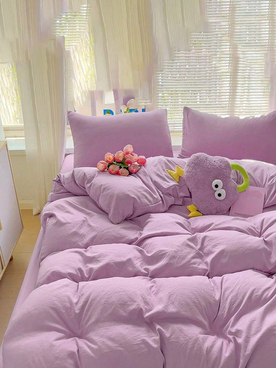 Blue And White Color Block Washed Polyester Skin-Friendly Duvet Cover 3 Pieces Set - Mauve Purple - View 1