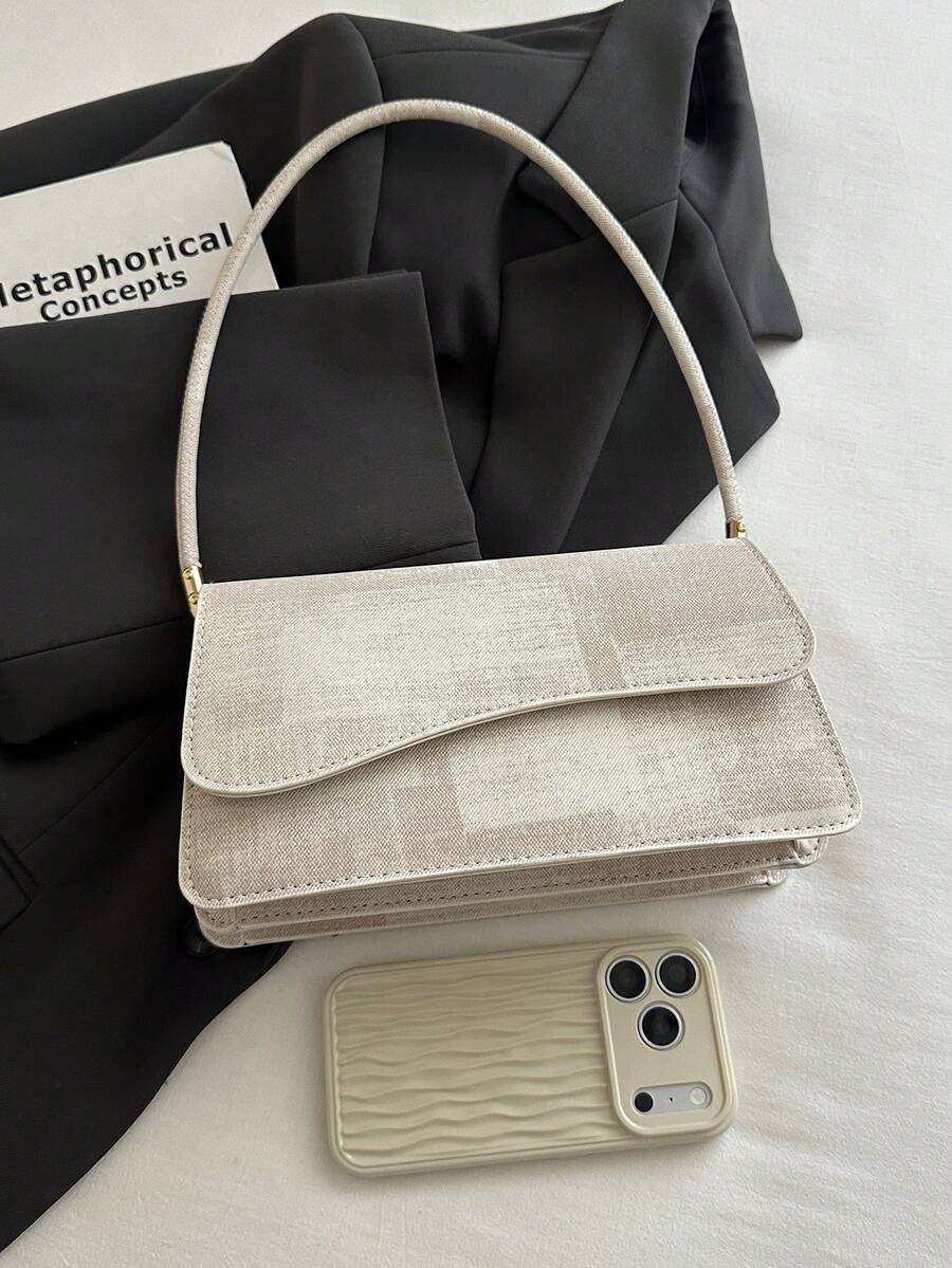 Tas Bahu Minimalis Vintage Elegan dengan Tekstur Denim Warna Polos dan Penutup Asimetris - Krem - View 1