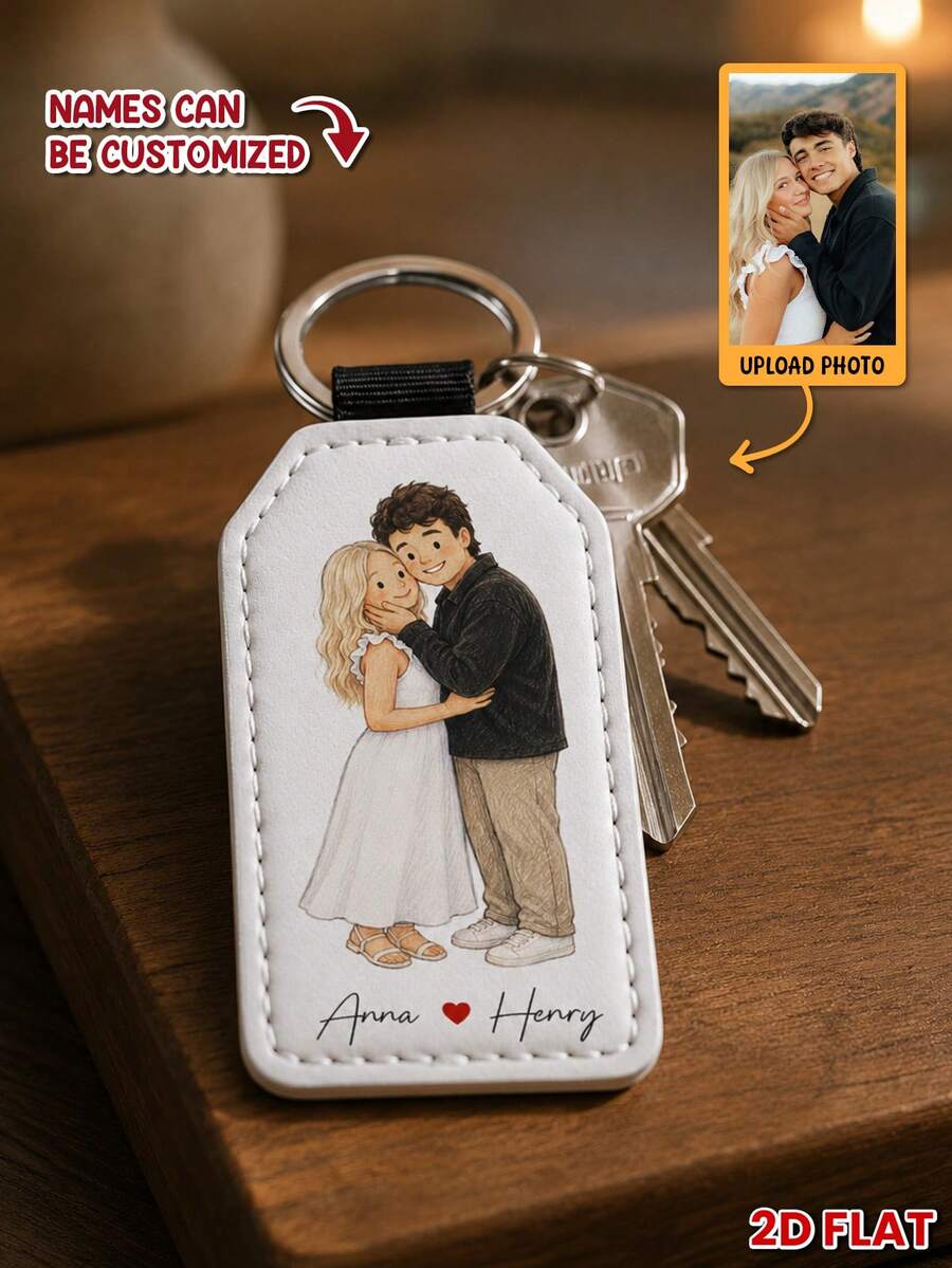 1PC Personalized 2D Flat Keychain For Father's Day, Upload Family Photo For Anime Style Rendering, Customizable Partner Names, Romantic Gift For Husband Dad