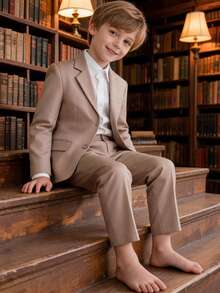 2pcs Boys Formal Suit Set, Lapel Blazer With Matching Pants, Suitable For Graduation, Pageant, Banquet And Other Formal Occasions, Champagne Color, 4-16 Years Old - Khaki - View 6