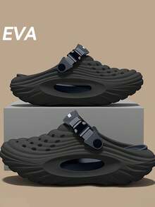 夏季時尚百搭 EVA 洞洞鞋 厚底舒適 戶外運動休閒 一腳蹬包頭沙灘涼鞋 - 黑色 - 查看 2