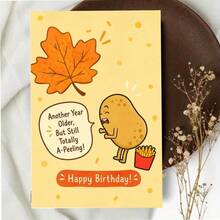 Tarjeta de felicitación de cumpleaños con juego de palabras humorístico sobre comida, ilustración de patata bailando con patatas fritas - 13x18cm - Ver 4