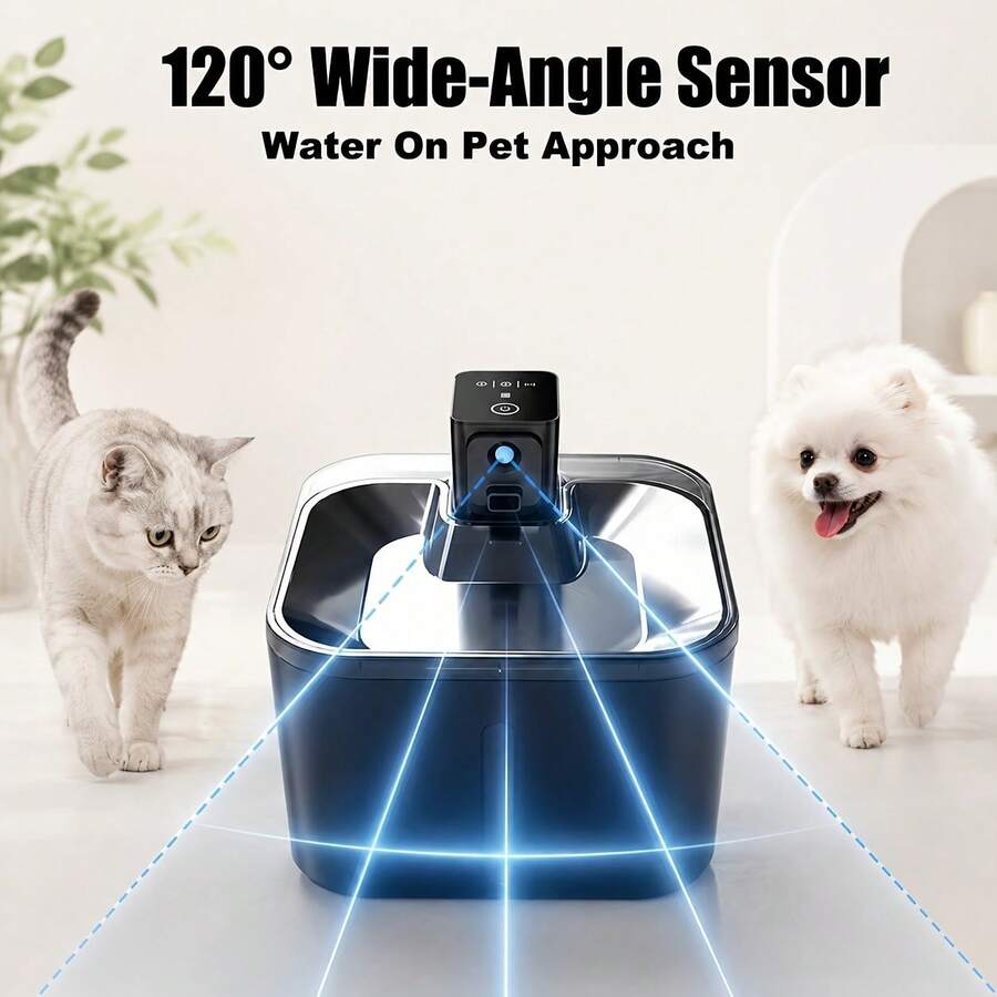 1 Set 4L/135oz Wireless Charging Pet Water Fountain, Automatic Sensor Water Dispensing, 4000mAh Large Capacity Battery, 3 Working Modes, 120° Wide Angle Sensing, Stainless Steel Smart Square Water Dispenser, Ultra Quiet Fully Detachable Water Bowl, Suitable For Cats And Small Dogs