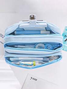 1pc Light Blue Large Capacity Pencil Case, Transparent Multi-Layer Pen Bag, Aesthetic Stationery Organizer For School Students, B, First Day Of School - Multicolor - View 6