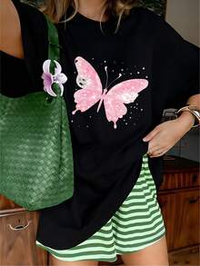 Coquette Pink Glitter Rhinestone Butterfly Graphic T-Shirt, 100% Cotton Oversized Soft Breathable Dreamy Tee, Casual Crewneck Short Sleeve Top For Summer & Teen Girls - 黑色 - 查看 12
