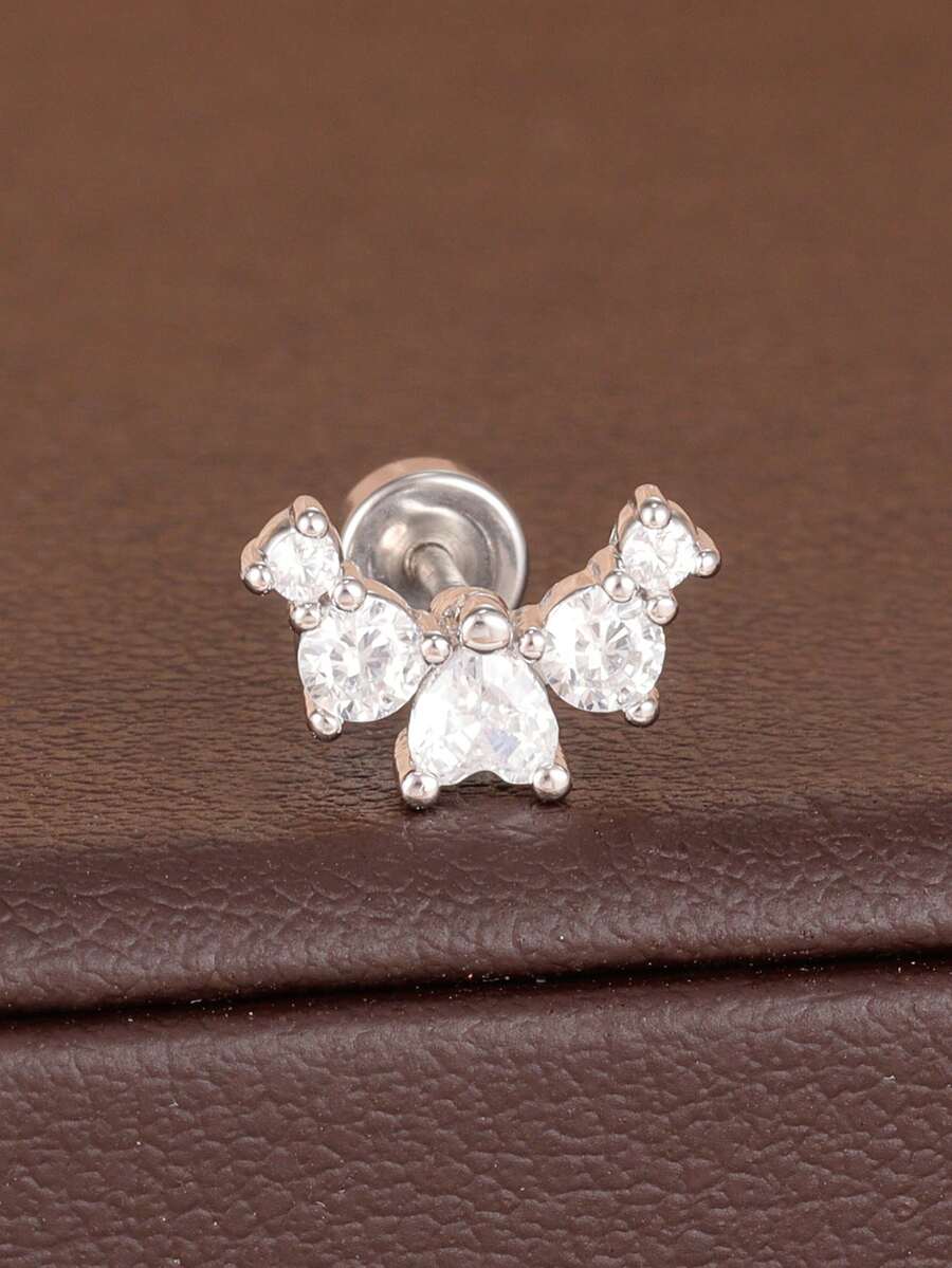 1PC Luxury French Design Simple Stainless Steel Zirconia Geometry Ear Stud For Women Elegant Daily Wear Jewelry - 1PC-silver - View 1