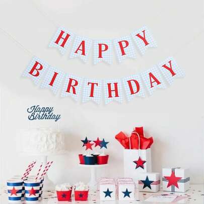 1 bộ cờ treo Happy Birthday họa tiết caro gingham xanh trắng nhẹ nhàng, nền caro đơn giản chữ đỏ DIY trang trí bàn bánh, lý tưởng cho tiệc sinh nhật, tiệc đầy tháng, dã ngoại mộc mạc, chủ đề gingham retro và trang trí phông nền tường