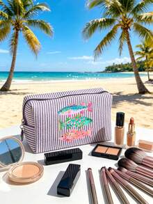 Seersucker Small Makeup Bag, Striped Embroidered Makeup Bag, Large Capacity Cosmetic Storage Bag, Travel Toiletry Bag, Perfect For Beach Trips, Swimming, Shopping And Daily Use, Suitable For Women, Travelers And Beach Lovers, Perfect For Spring Break, Easter, Mother's Day, Vacation And Gift Giving, Woven Material, Can Be Used As A Beach Bag, Shopping Bag And Travel Companion - Multicolor - View 7