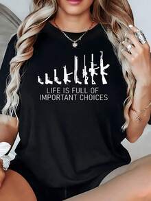 Frase motivacional sobre la vida y las decisiones importantes con siluetas de objetos simbólicos camiseta de mujer casual cómoda para uso diario elegante moderna - Negro - Ver 8