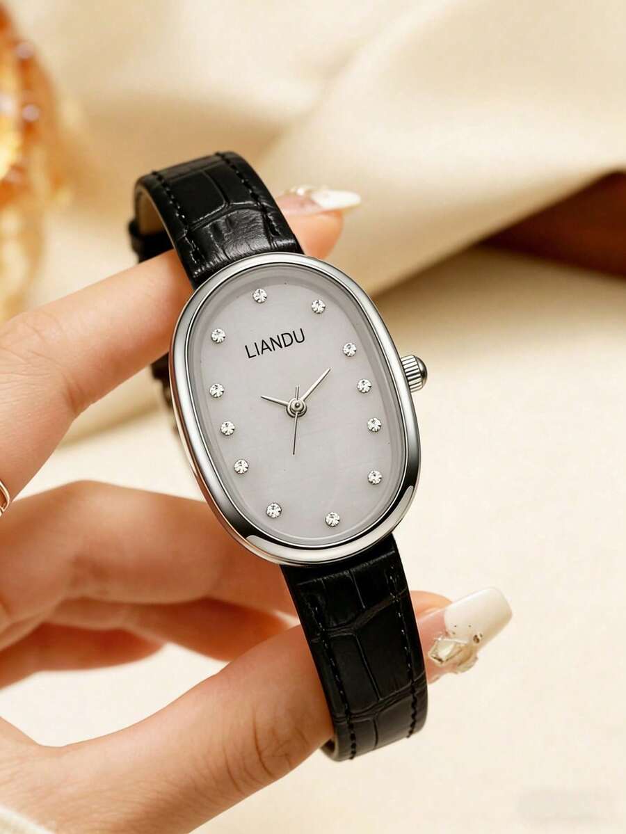 LIANDU LIANDU 1 Piece Minimalist Casual Women's Vintage Wristwatch, Oval Case, PU Strap, Delicate Dial With Rhinestone Inlay, Elegant And Charming - 黑色 - 查看 1