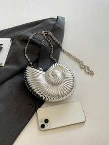 Elegante bolso de mano con forma de concha para fiestas, bolso con diseño único de concha, bolso de noche brillante para mujer con correa de cadena para hombro/cruzado, puede contener auriculares, monedas, billetera elegante con forma de concha, perfecto para fiestas, bodas, eventos nocturnos y banquetes, se puede combinar con vestidos de novia, vestidos formales, vestidos de gala, atuendos de cumpleaños y ropa de fiesta para mujer. - Plateado - Ver 9