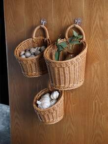 Plastic Woven Basket Kitchen Ginger Garlic Storage Basket Vintage Wall-Mounted Kitchen Utensil Storage Basket Handheld Decorative Small Flower Basket Mini Woven Basket Fruit Vegetable Basket Home Organization Storage Kitchen Utensils - Brown - View 3