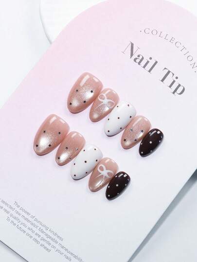 10 Pieces, Handmade Pink Cat Eyes With Polka Dot Bow Elements, Short Almond Shaped Nail Art, Reusable Unique Style Fake Nails, 1 Nail File And 1 Piece Of Jelly Glue To Enhance Your Elegant Handmade Press On Nails
