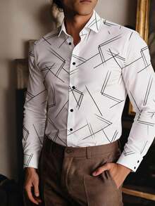 Camisa formal de manga larga con estampado gráfico de líneas para hombre, otoño - Blanco - Ver 3
