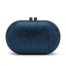 Bolso de mano tipo clutch ovalado de lujo con cristales azules, bolso de noche brillante con cristales para boda, y baile de graduación - Oro rosa - Ver 7