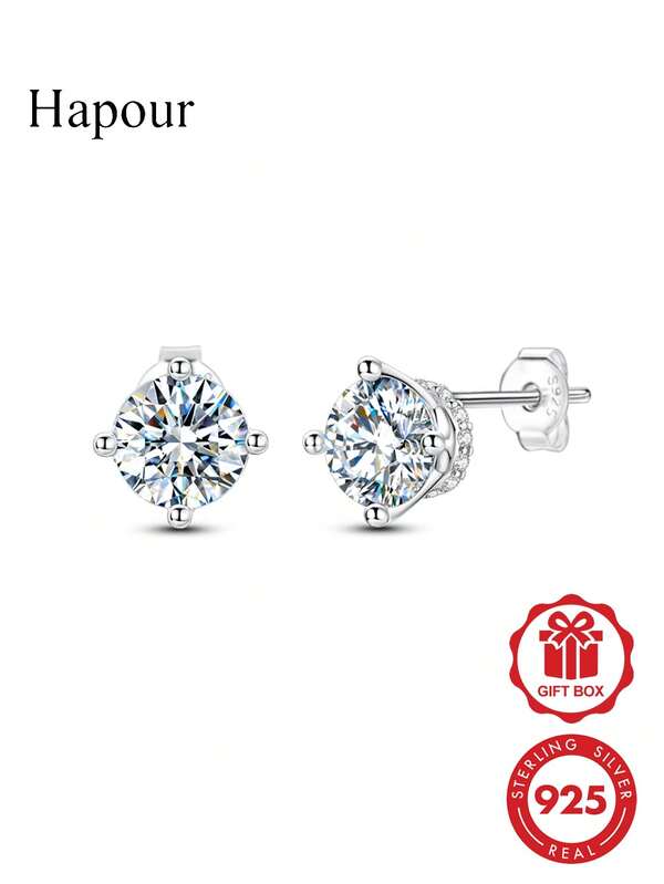 1 Pair Of Moissanite Diamond Crown Earrings, Round Studs For Women, Made Of 925 Sterling Silver, 1ct*2 Stones, Elegant Style, Fits Women's Weddings.