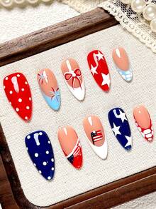 10Pcs Short Almond Handmade Press On Nails, 4th Of July False Nails, Featuring Red White Blue Patriotic Design, Star Polka Dot, Fireworks & American Flag Details. Artificial Nail Tips For Women Girls, Great Gift For Ladies Nail Supplies - Multicolor - View 13