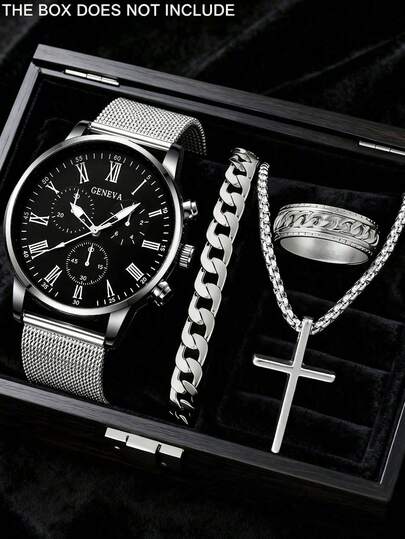 4pcs Men's Silver & Black Accessory Set, Roman Black Dial 3-Eye Mesh Strap Watch Paired With Cuban Chain Bracelet, Cross Necklace And Engraved Ring, Bold & Personalized, Perfect Birthday, Valentine's Day Or Father's Day Gift For Boyfriend, Son Or Father, Daily Wear For A Cool Gentleman Style
