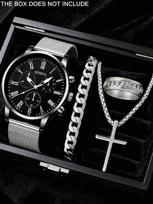 4-Piece Men's Silver & Black Accessory Set, Roman Black Dial Three-Eye Mesh Band Watch Paired With Chain Bracelet, Cross Necklace And Engraved Ring, Bold And Personalized, Perfect Gift For Boyfriend, Son, Father On Birthday, Valentine's Day Or Father's Day, Daily Wear Showcases Gentleman Style
