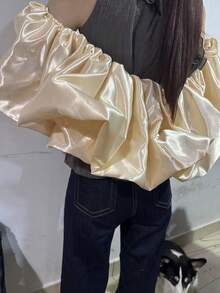 1件新款新娘披肩，附荷葉邊裝飾，可拆卸緞面誇張泡泡袖，拍照披肩，新娘配件，新娘披肩披肩，夏季，海灘，婚禮 - 彩色 - 查看 10